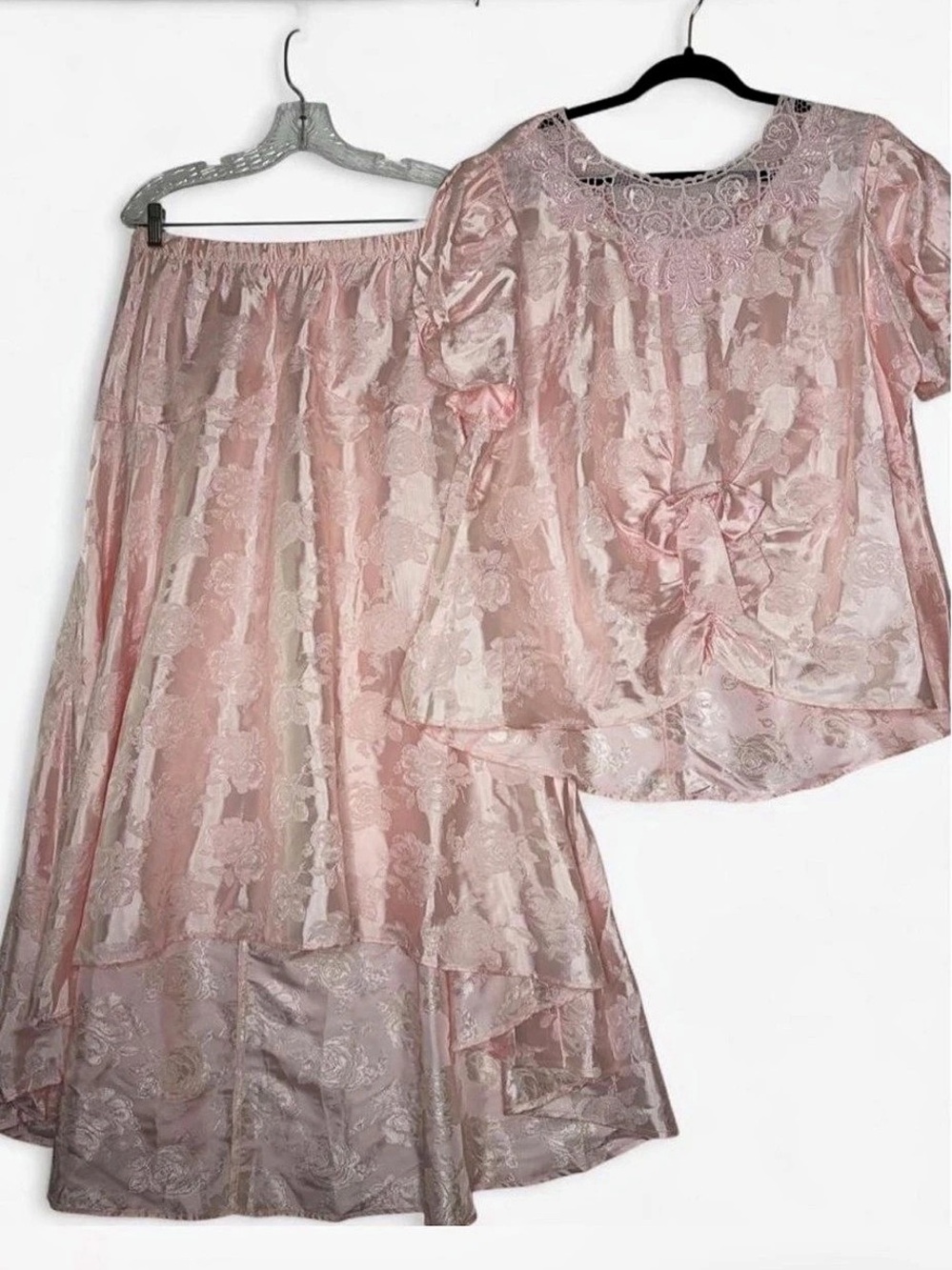 Vintage 80s Pink Rose Jacquard Satin Lace Bow Top & Tiered Skirt Set XXL